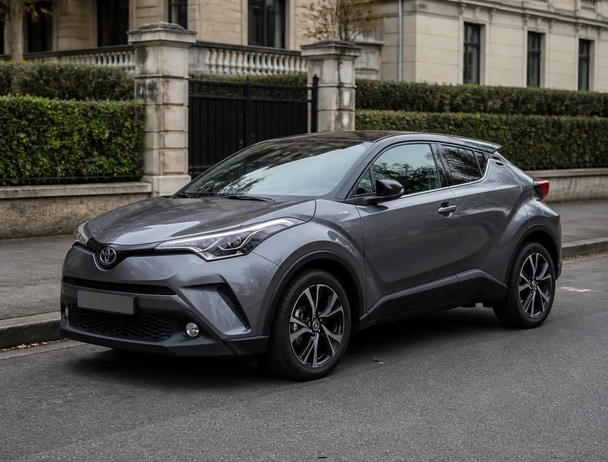 Toyota C-HR grise stationnée dans une rue résidentielle élégante